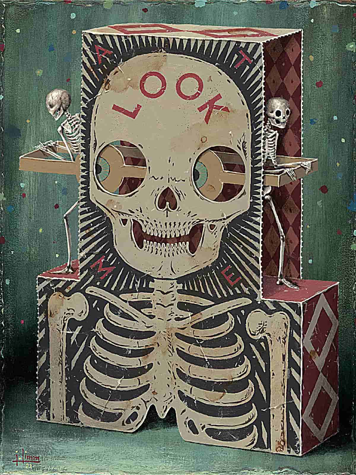 Paper constructions confine skeletons to uncanny spaces of the paintings conjures paper sculptures of 18th Century-style gowns, organs, and hollowed skulls with acrylic paint.