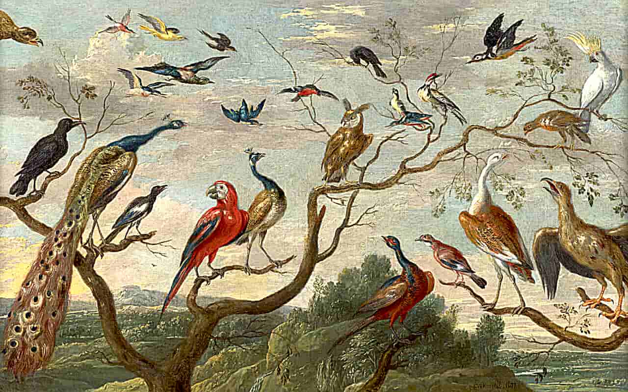 Jan van Kessel the Elder (1626-1679), Exotic Birds in Flight and Perched on Branches in a Mountainous Landscape, 1677, oil on canvas