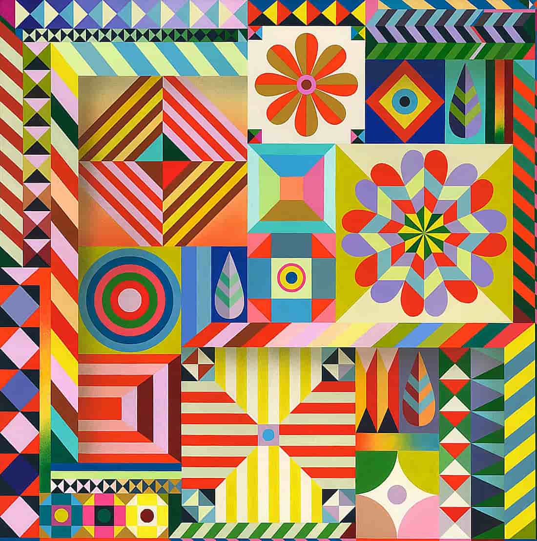 Kaleidoscopic Paintings by Sarah Helen More Pulse with Vibrant Energy—Textile design and the visual language of quilting shine through in Sarah Helen More’s paintings.