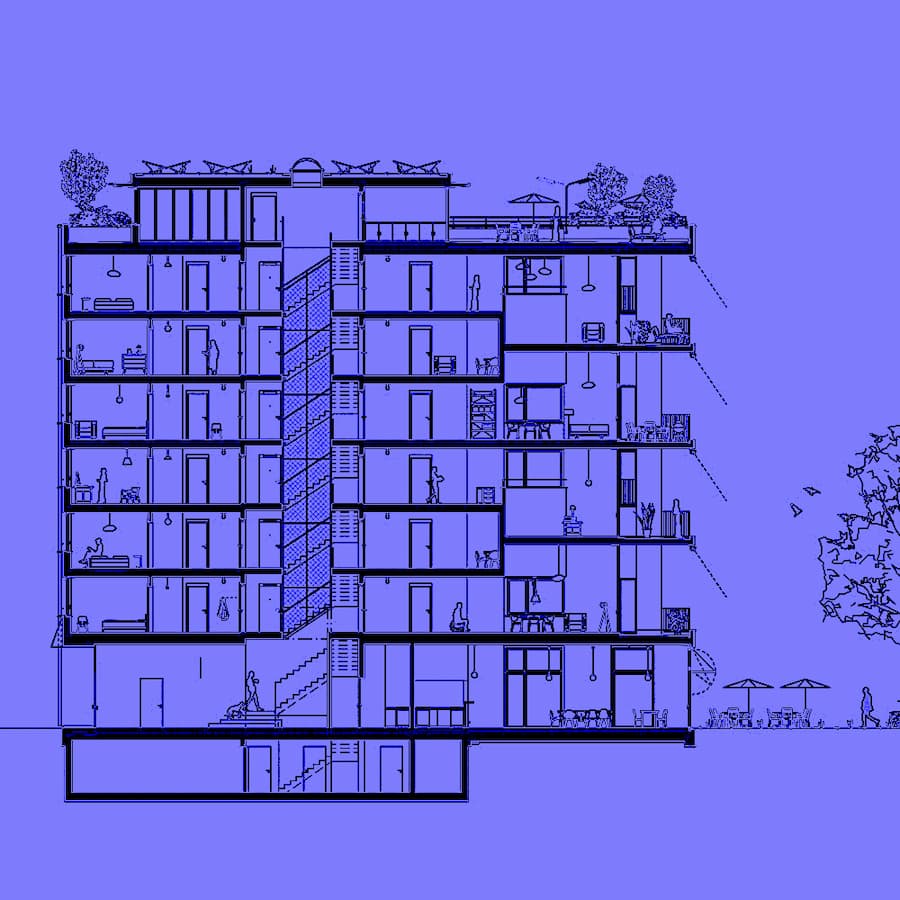 The core torque rotates from the inside out like a turbine-type building—The Residential Building Turbinenhaus 