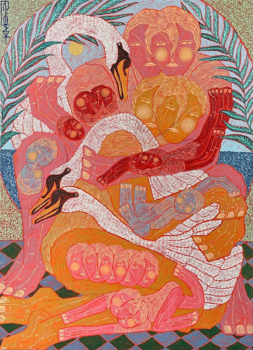 Paintings of swans, plants, and fragmented figures embrace each other warmly: Seoul artist Kim Yoo-eol's vivid acrylic strokes blend fragmented bodies, swans, and plants, exploring life's interactions, contradictions, and themes of peace and equality.