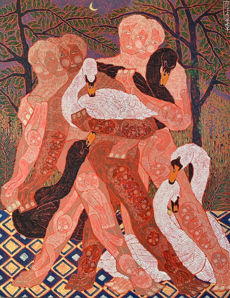 Paintings of swans, plants, and fragmented figures embrace each other warmly: Seoul artist Kim Yoo-eol's vivid acrylic strokes blend fragmented bodies, swans, and plants, exploring life's interactions, contradictions, and themes of peace and equality.