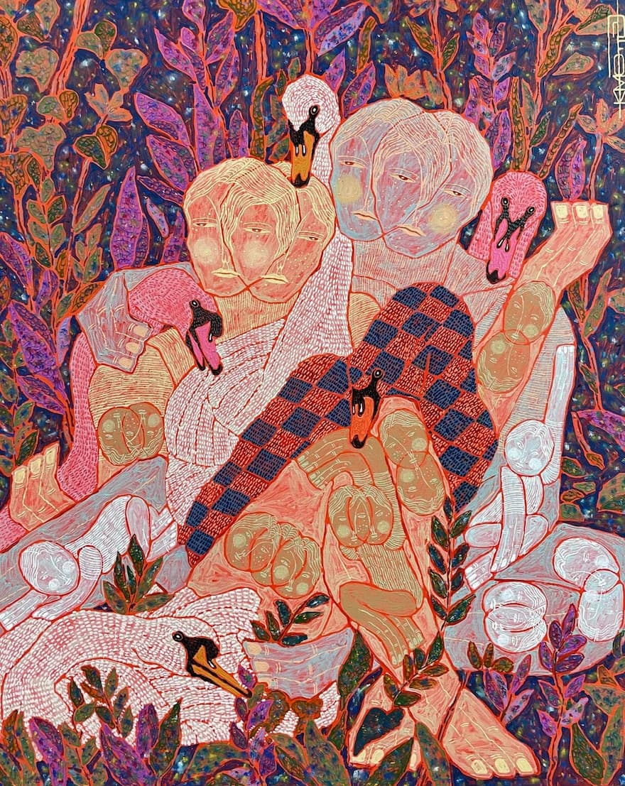 Paintings of swans, plants, and fragmented figures embrace each other warmly: Seoul artist Kim Yoo-eol's vivid acrylic strokes blend fragmented bodies, swans, and plants, exploring life's interactions, contradictions, and themes of peace and equality.