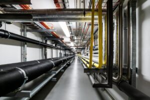 地下建築機電系統與通風管線，展現隱藏於結構中的能源消耗與環境成本