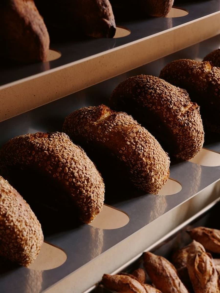 Bread display on metal shelf in KEIT bakery Berlin