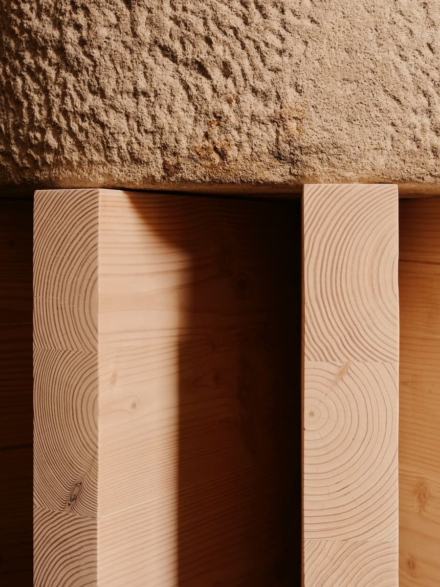 Stone counter resting on wooden structure in KEIT bakery Berlin