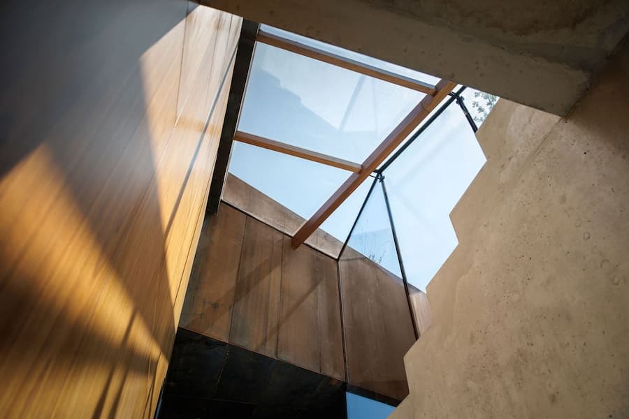 angular skylight geometry bringing daylight into interior circulation space