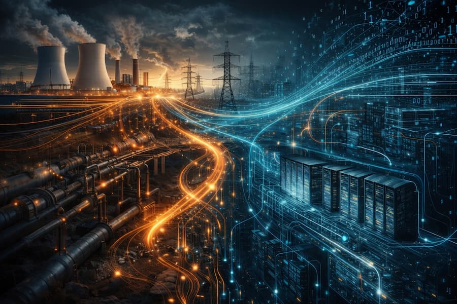 核能電廠與能源基礎設施連結資料中心與數據流動，呈現AI運算的能源基礎