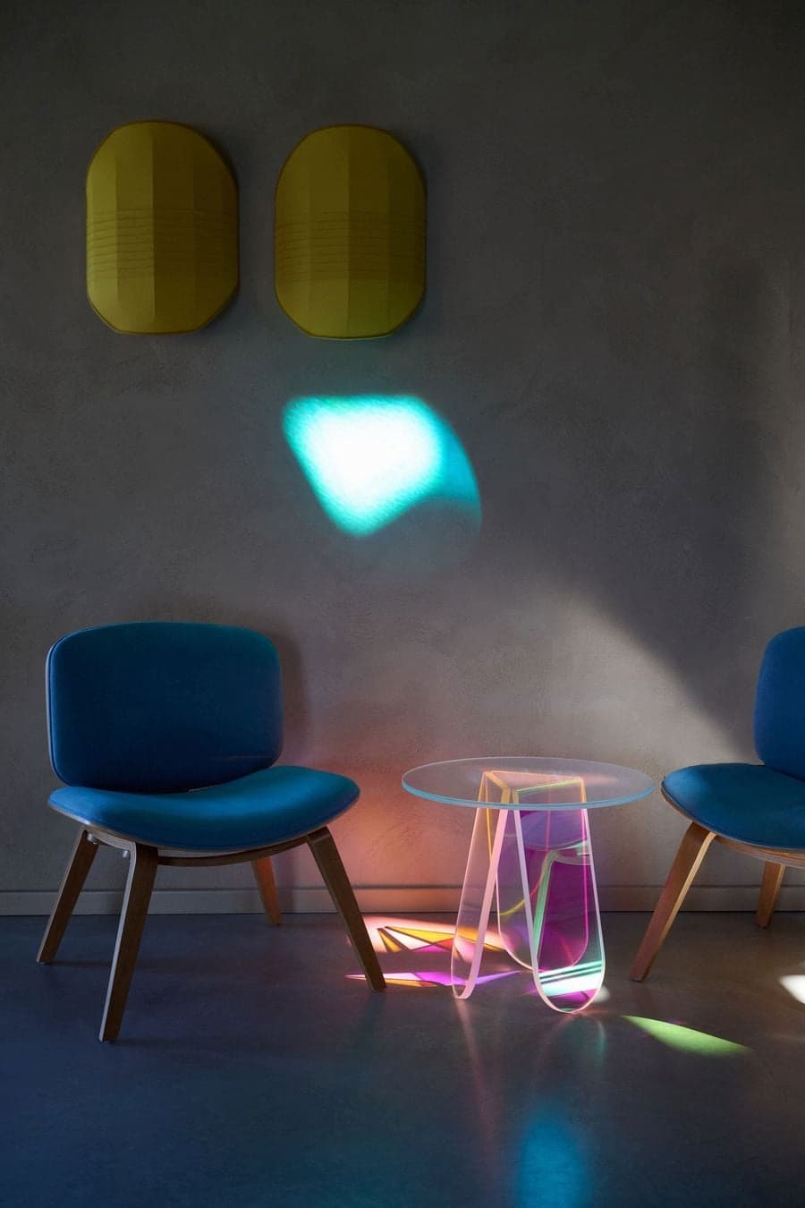 light interacting with colored surfaces and translucent furniture elements