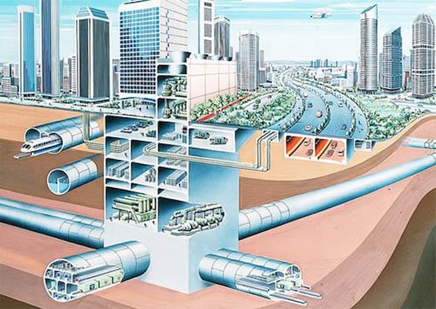 城市地下基礎設施剖面，整合隧道、管道與公共設施的多層系統結構