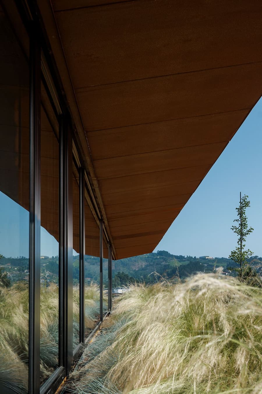 outdoor shower facing small courtyard with corten steel wall and filtered daylight