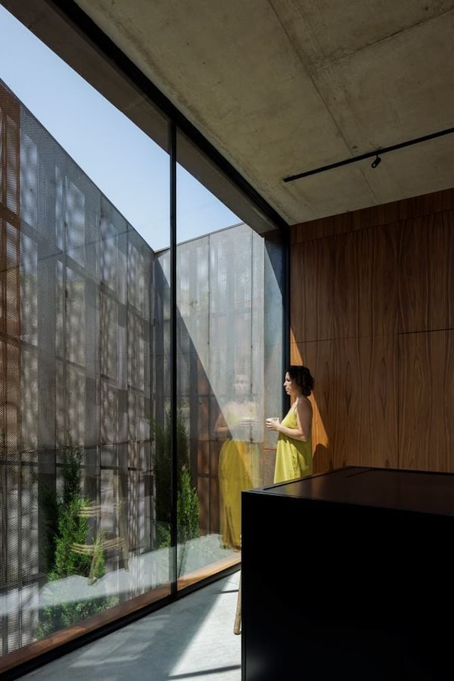 interior space with glass reflection blurring boundary between inside and outside