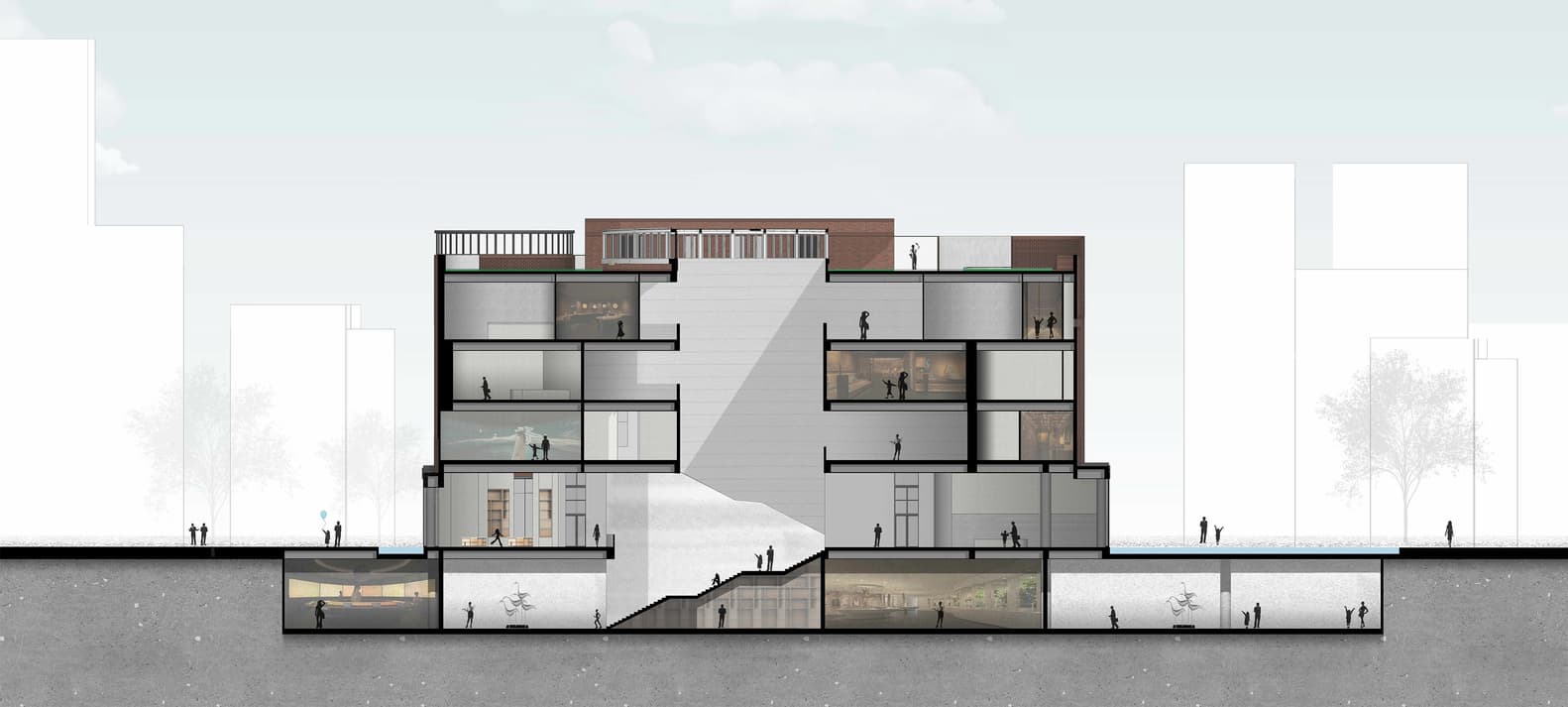 建築剖面顯示空間層次與垂直動線 廣州雪蕾香氛博物館