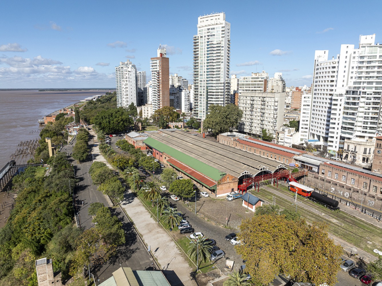 aerial view of adaptive reuse industrial heritage building along urban waterfront