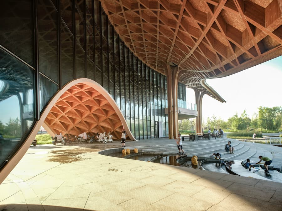 angled view of timber roof structure showing depth and curvature