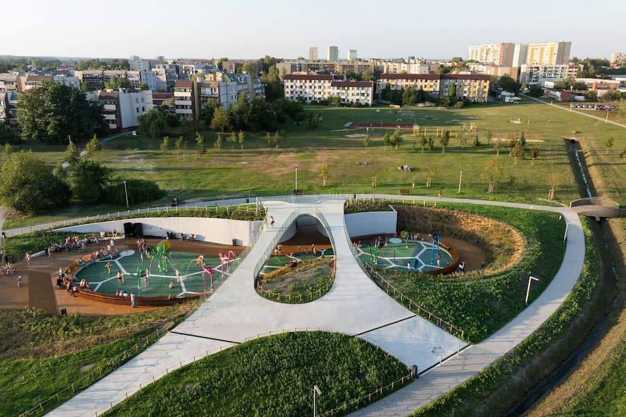 ecological landscape integrated with water systems and open public green space