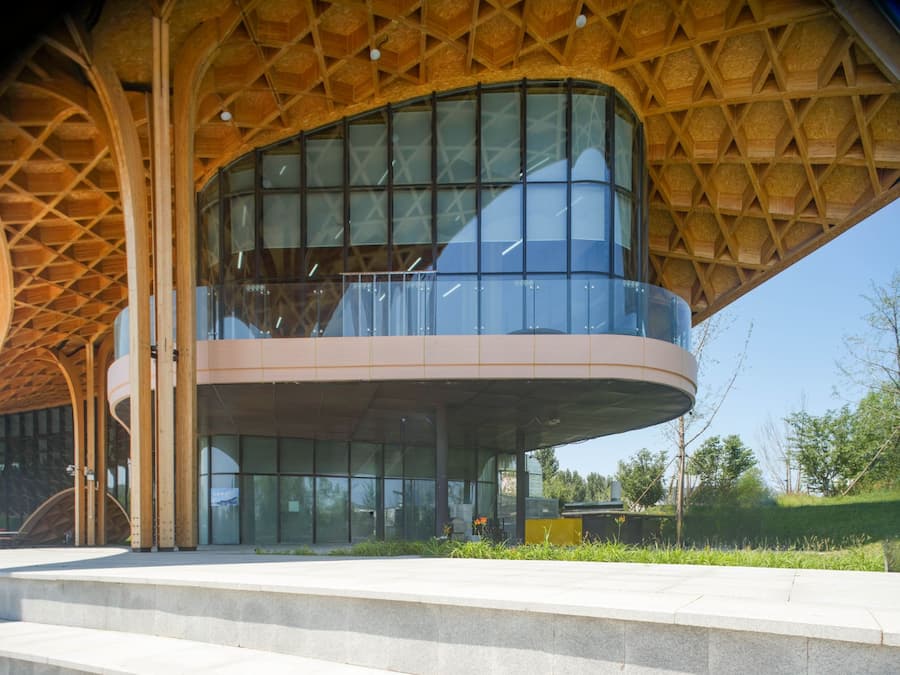detailed timber lattice roof structure with geometric pattern and joints