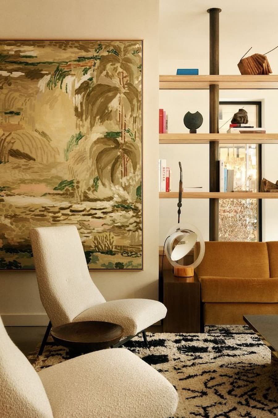 Custom shelving and lounge seating inside La Fondation Paris hotel