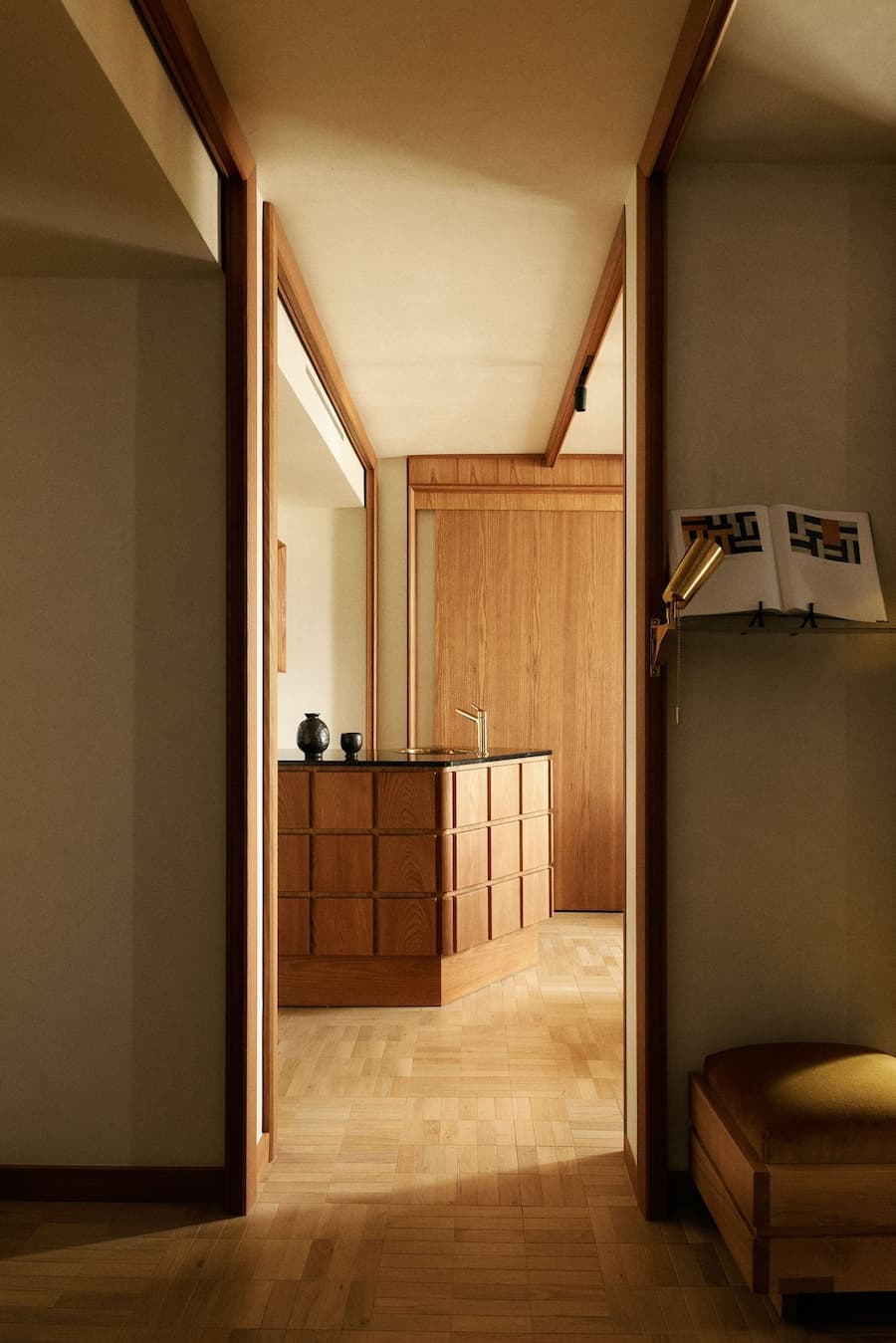 Wood-lined corridor and interior detailing inside La Fondation Paris