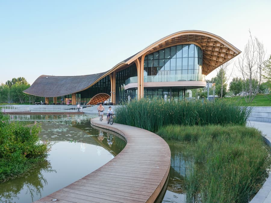 aerial view of lakefront restaurant with flowing timber roof integrated into landscape