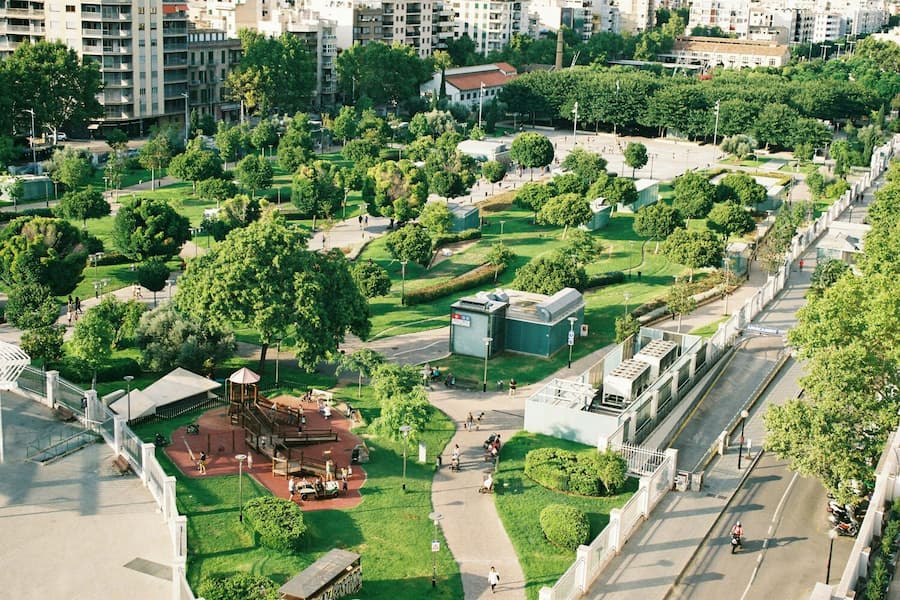 Aerial view of urban green infrastructure integrated into the Paris cityscape