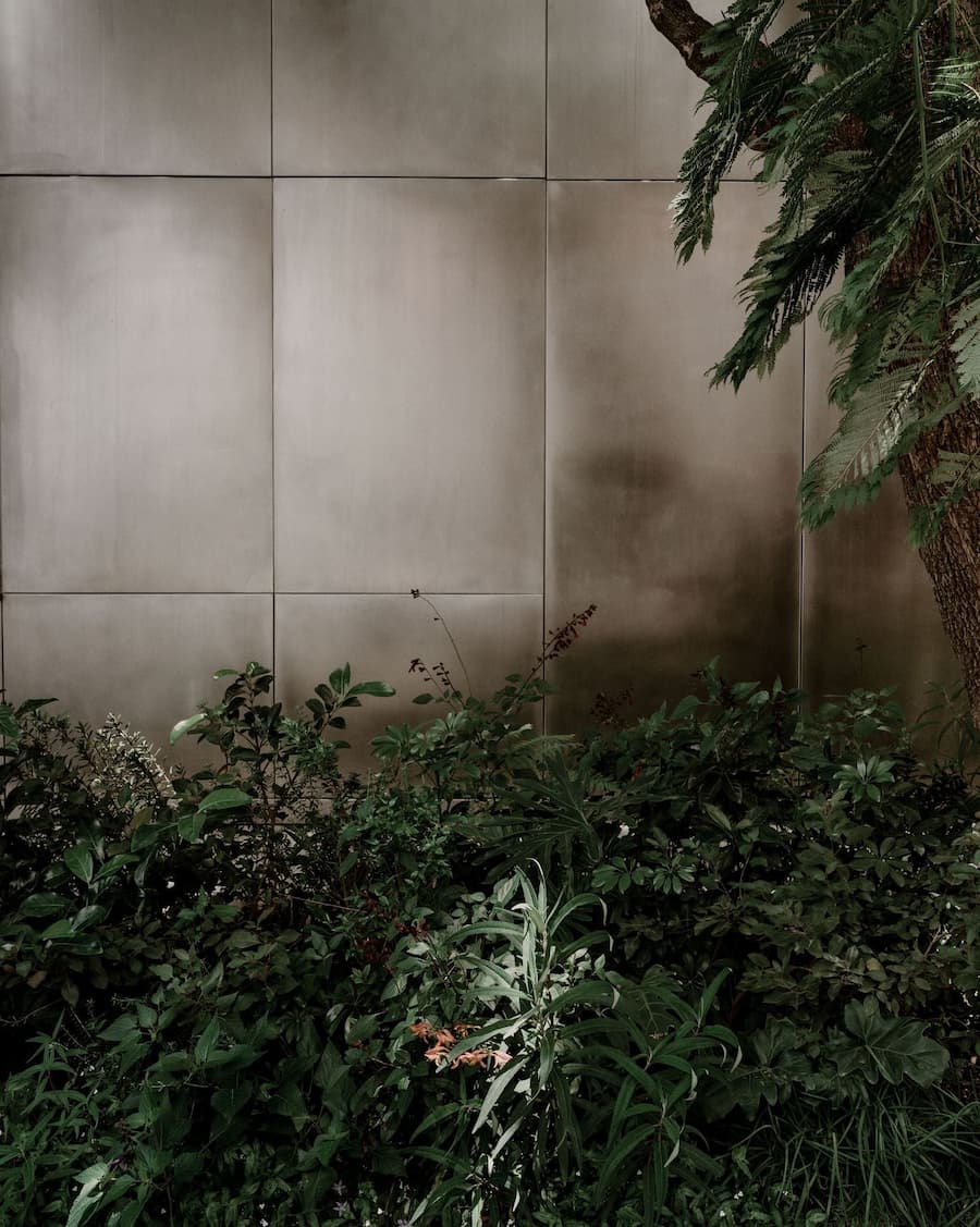 Planting beds reflected across the stainless steel exterior of Barrancas House