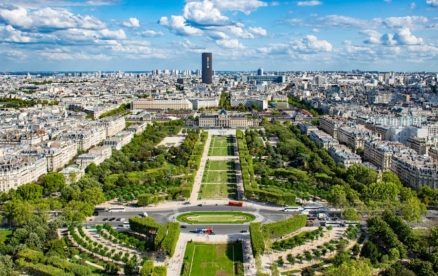 Aerial view of Paris green corridors and urban landscape network