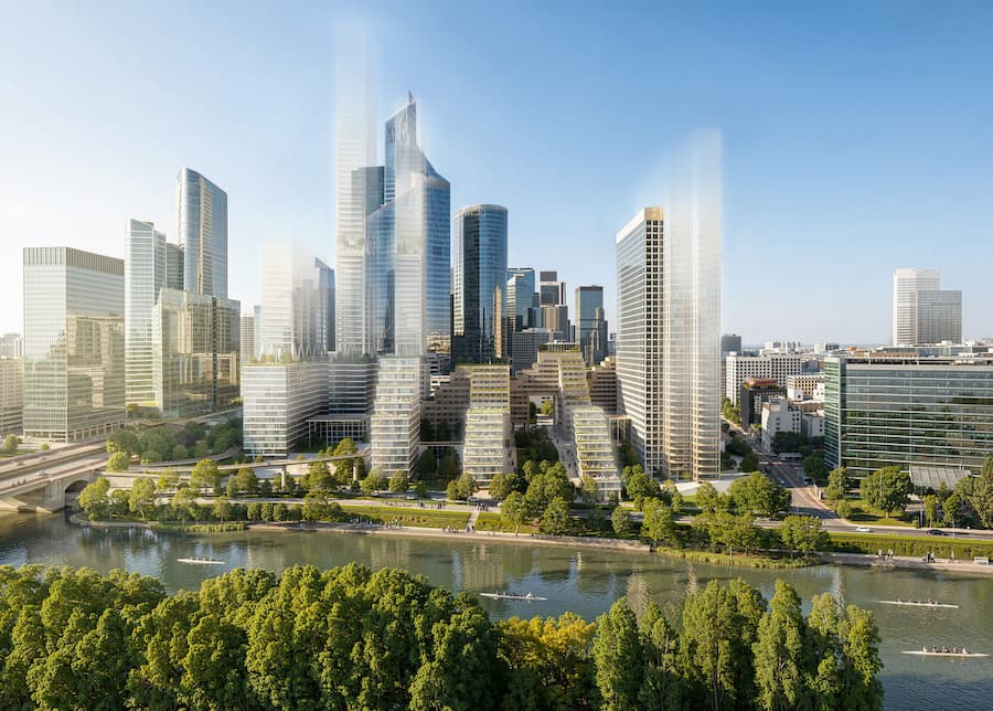 Future vision of green urban regeneration in La Défense, Paris