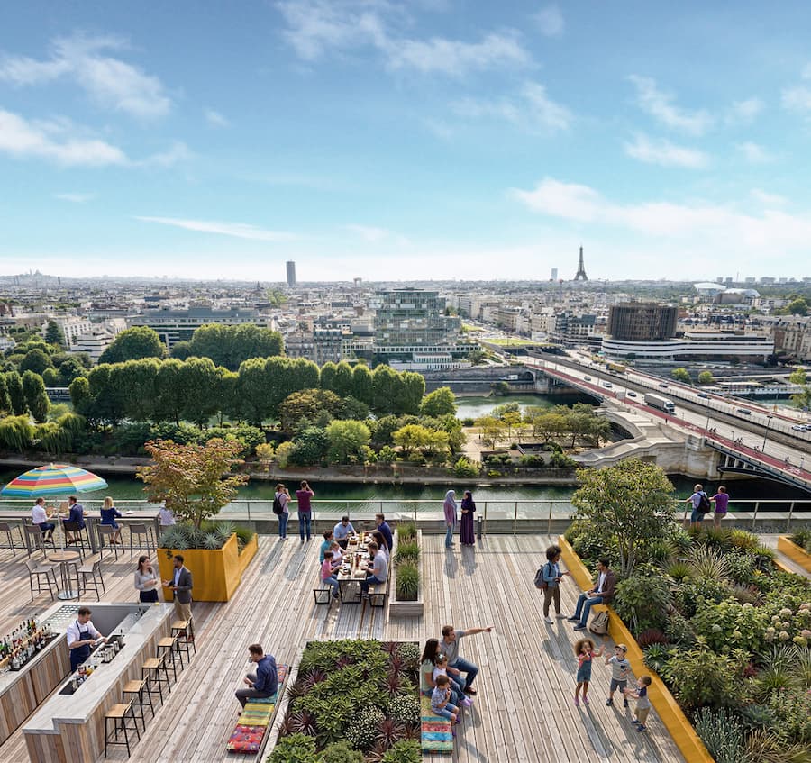 Urban green terrace overlooking the Paris cityscape