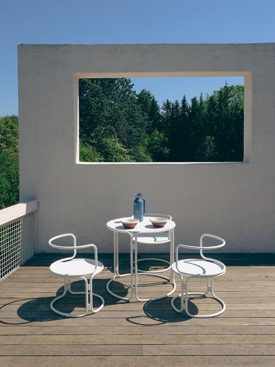 Rooftop terrace at Villa Bank with framed landscape view reflecting Émile Sala's architectural composition