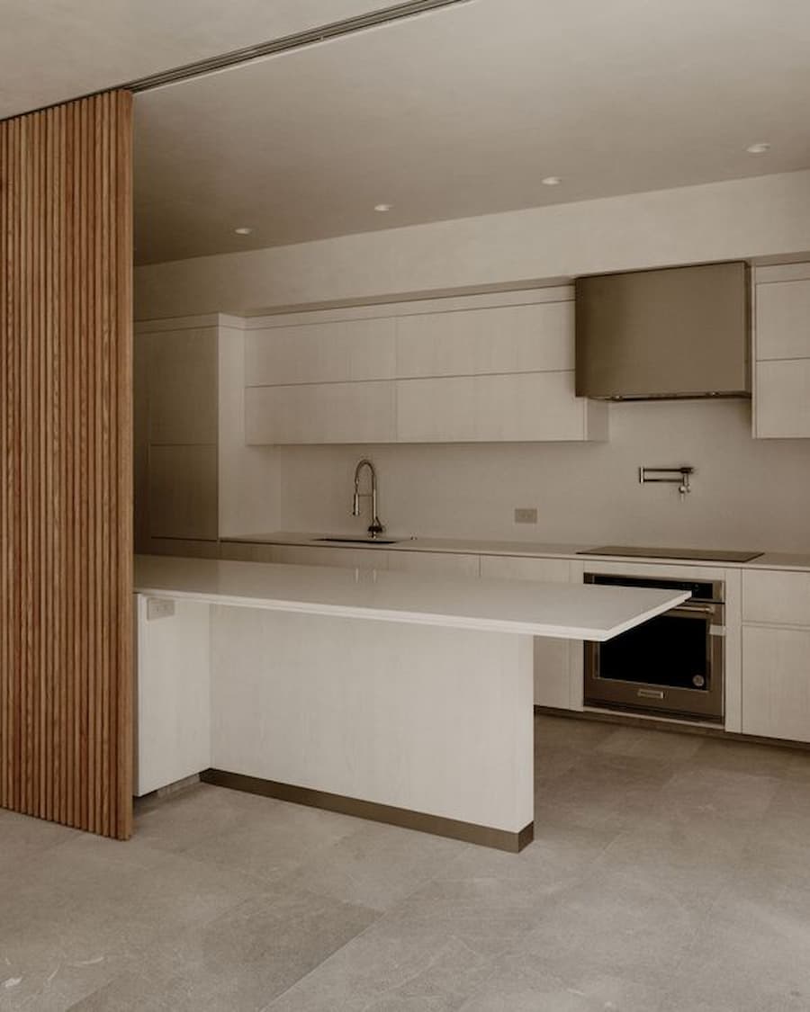 Monolithic kitchen with warm timber detailing inside Barrancas House by PPAA