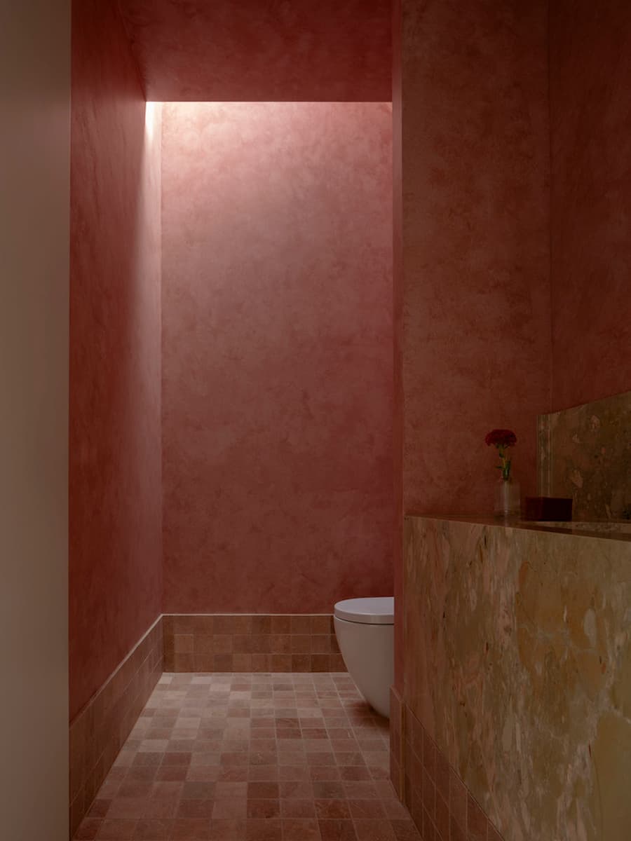 Powder room finished with pink plaster and overhead skylight at Wildcoast Residence.